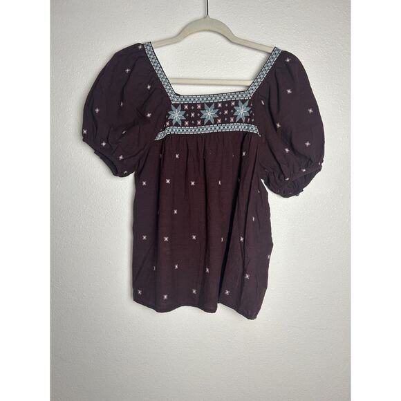 Madewell Embroidered Crinkle cotton Brown bubble-sleeve top Size Small - Picture 1 of 6